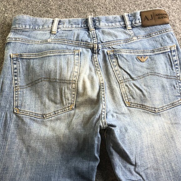 Armani J31 Jeans Mens 32x32 Blue Stretch Logo Emblem Straight Regular Fit Denim - Picture 12 of 15